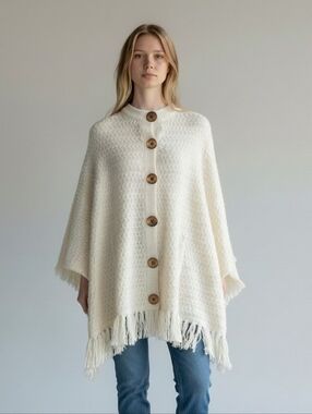 Vintage Ivory Knit Poncho with Gold Buttons
